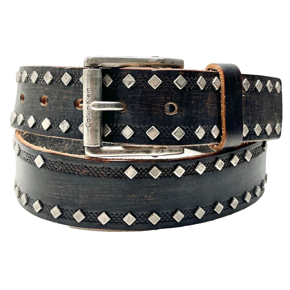 Vtg Calvin Klein Studded Brown Leather Distressed Womens Belt Size M L 34-38"